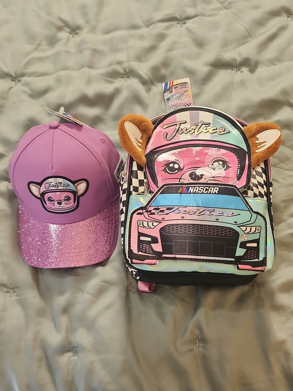 Justice Lavender & Pink Glitter Cap with Pastel Racer Dog Backpack